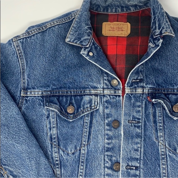 Vintage Levi Denim Jacket with Plaid Lining L - Picture 1 of 11